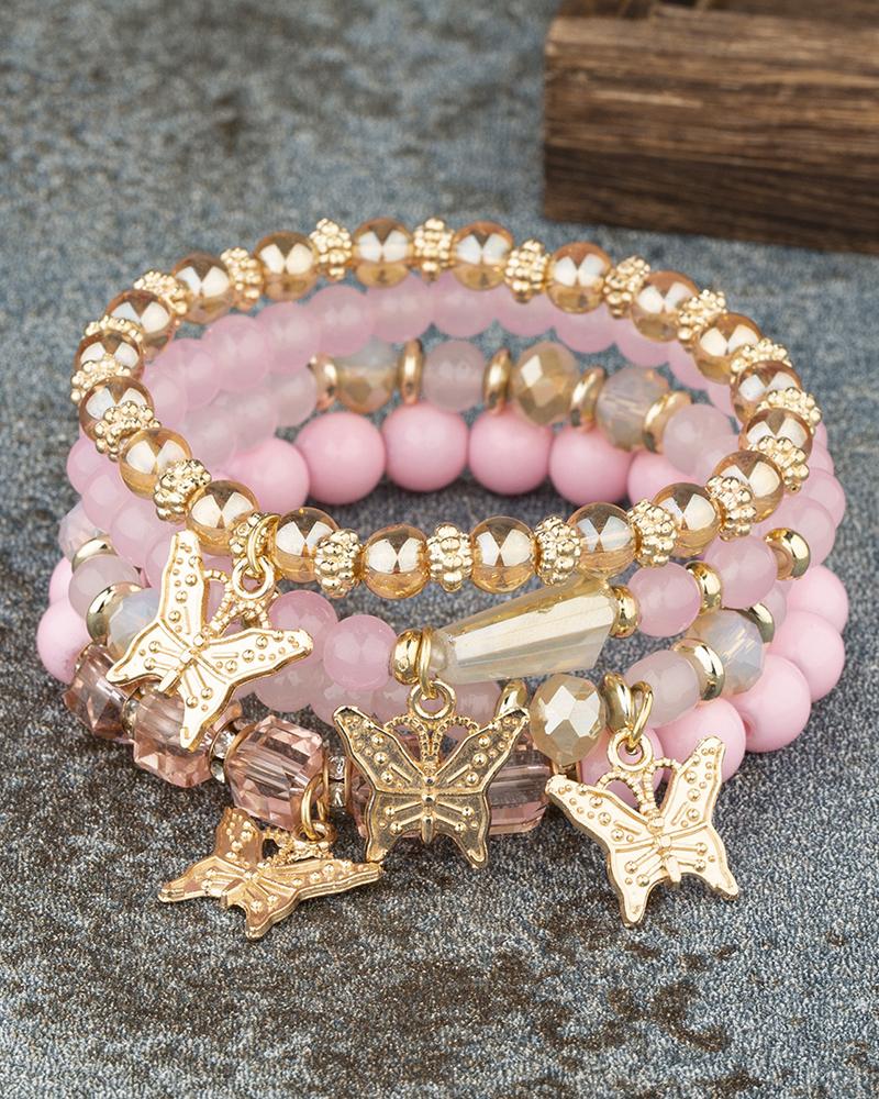 

1 bracelet multicouche papillon perlé en pierre de cristal, Pink