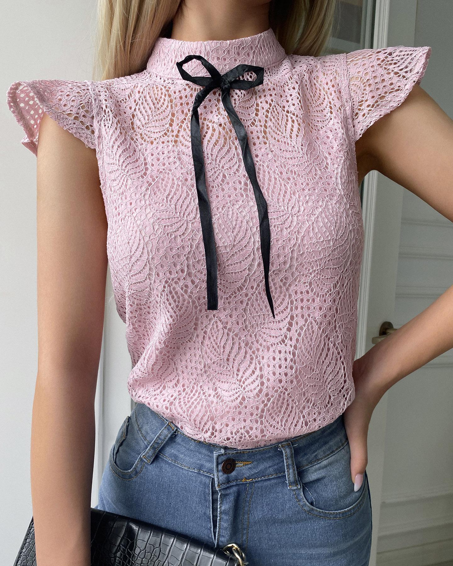

Ruffle Hem Bowknot Decor Casual Top, Pink