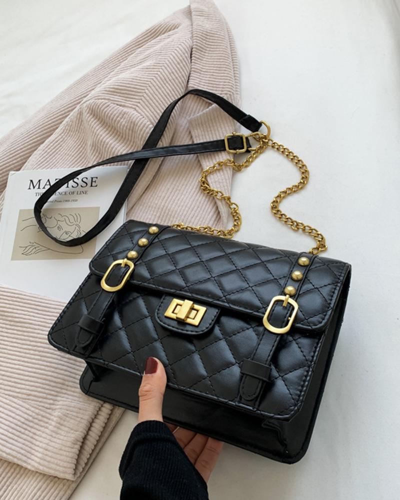 

Quilted Twist Lock Chain Strap Flap Shoulder Bag, Black