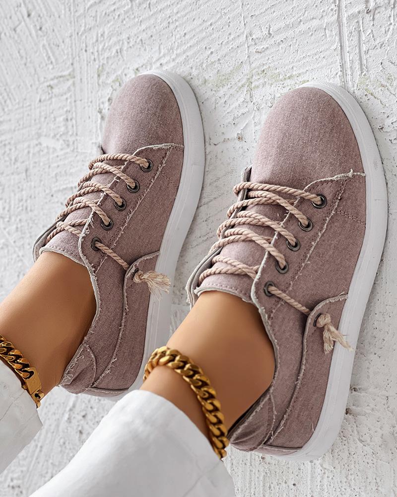 

Lace-up Raw Hem Round Toe Sneakers, Light brown