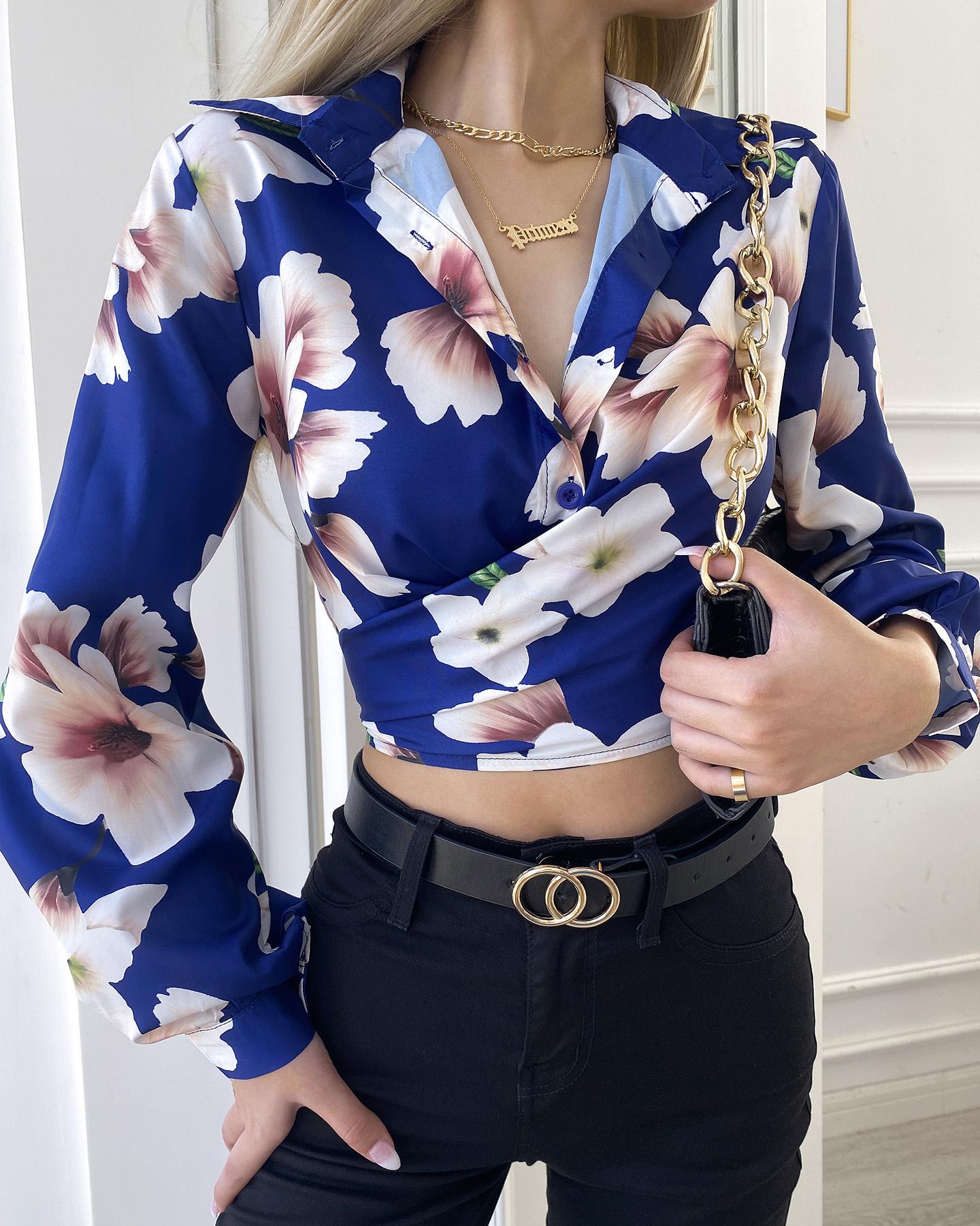 

Floral Print Long Sleeve Buttoned Shirt, Purplish blue