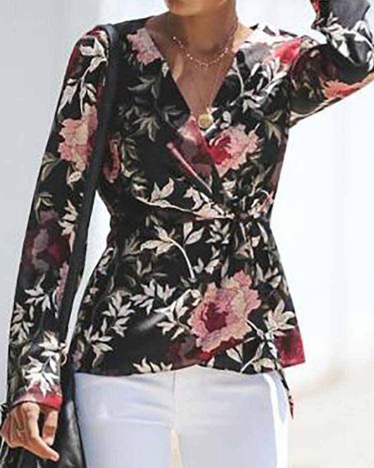 

Floral Print Wrap Knot Side Blouse, Black