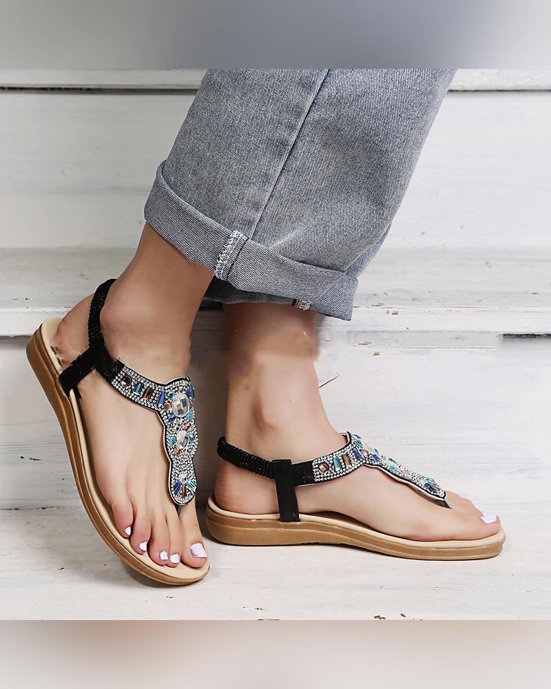

Crystal Patch Post-toe Flat Sandals, Black