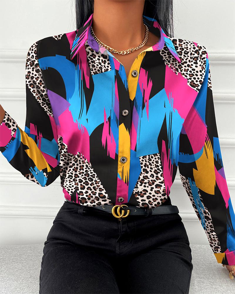 

Colorblock Print Long Sleeve Button Design Casual Top, Multicolor