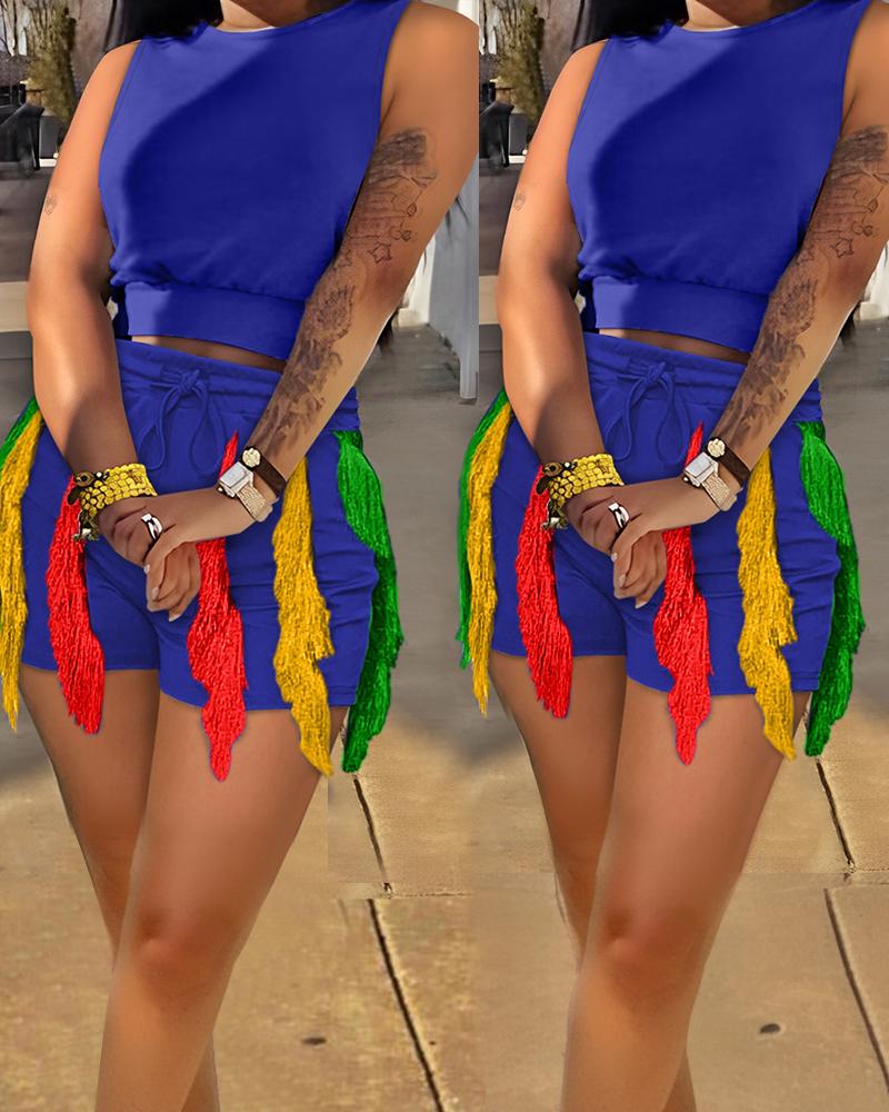 

Sleeveless Crop Top & Fringe Hem Shorts Set, Blue