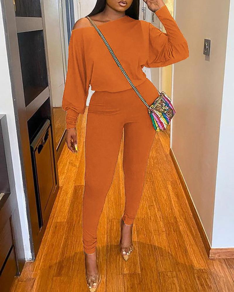 

Round Neck Lantern Sleeve Top & Pants Set, Orange