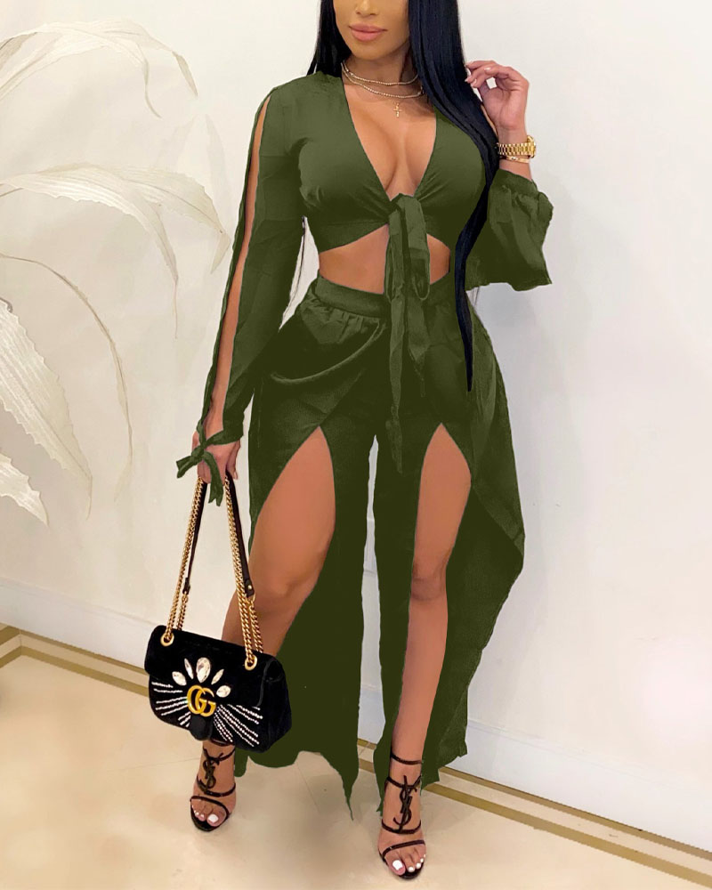 

Knot Front Crop Top & Split Thigh Pants Set, Green