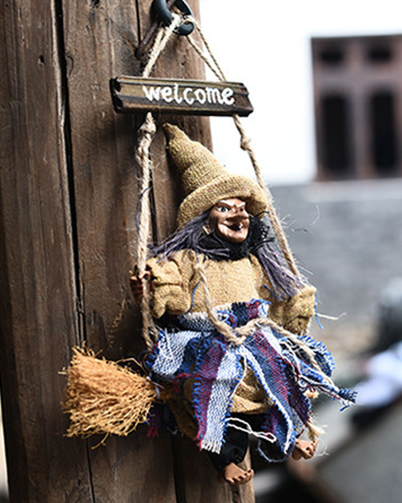 

Hanging Animated Witch On Broomstick Halloween Decoration Dolls Pendant Haunted House Decorate Props KTV Bar Restaurant Door Indoor Outdoor Decor Hanged Wizard Welcome Figure, Yellow