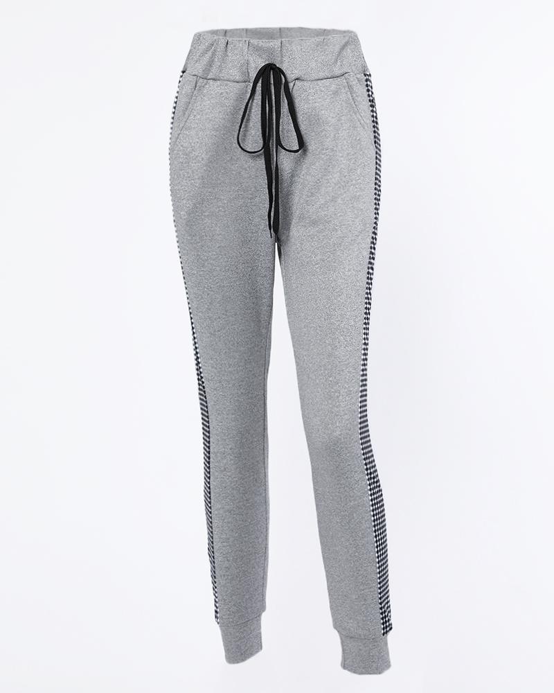 

High Waist Plaid Print Patch Drawstring Sweatpants, Gray