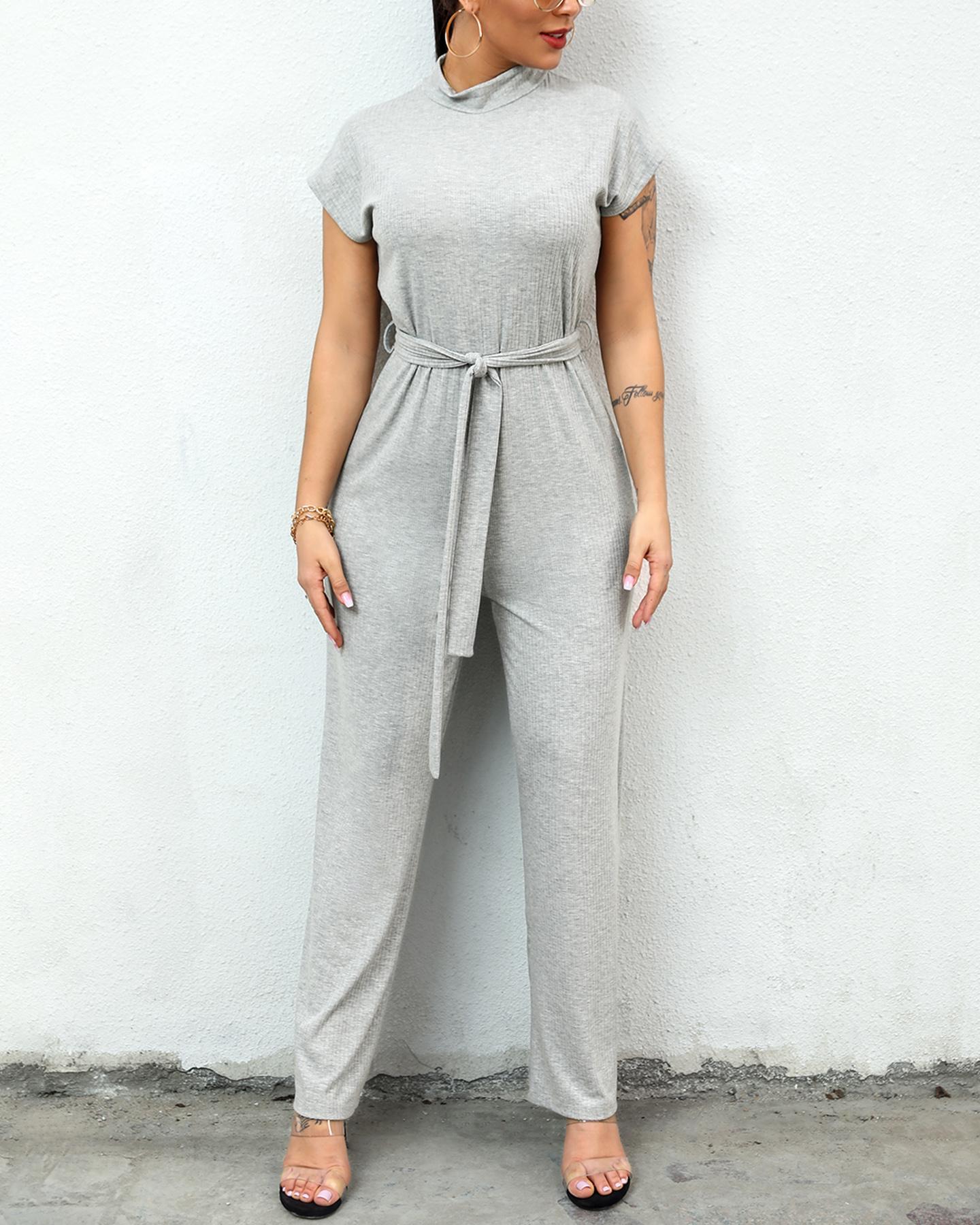 

High Neck Ribbed Short Sleeve Jumpsuit, Gray