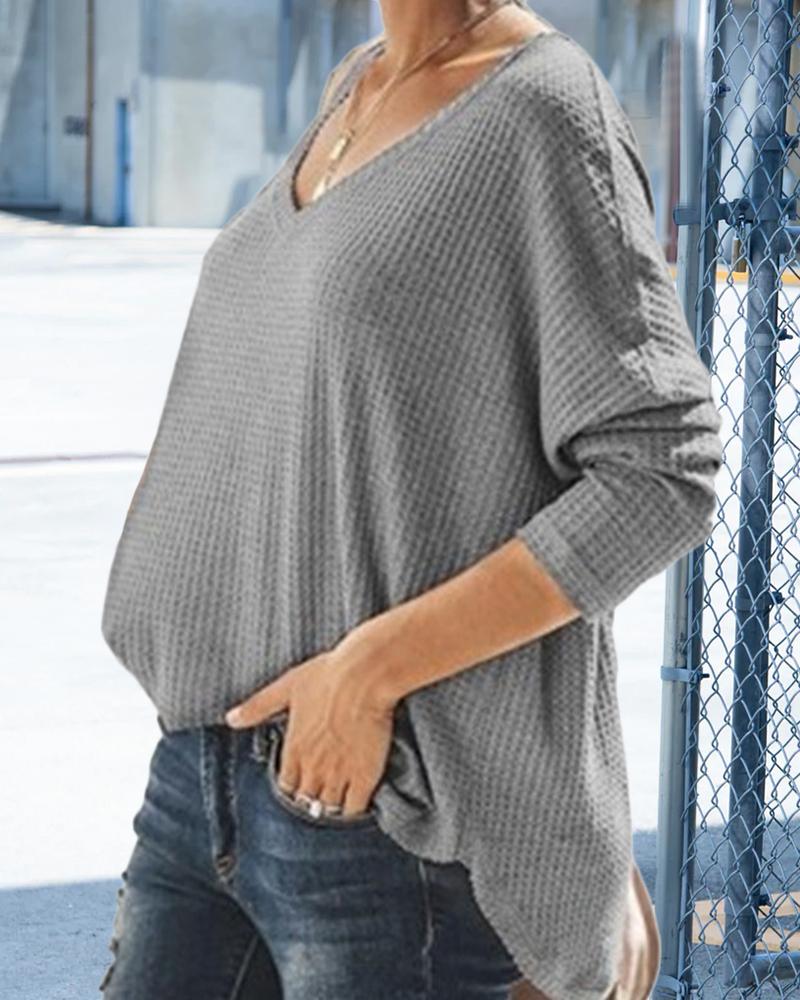 

Plus Size Plain V-Neck Long Sleeve Top, Gray