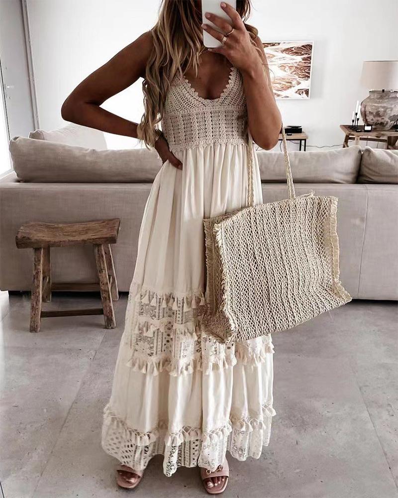 

Crochet Lace Patch Tassel Design Cami Maxi Dress, Apricot