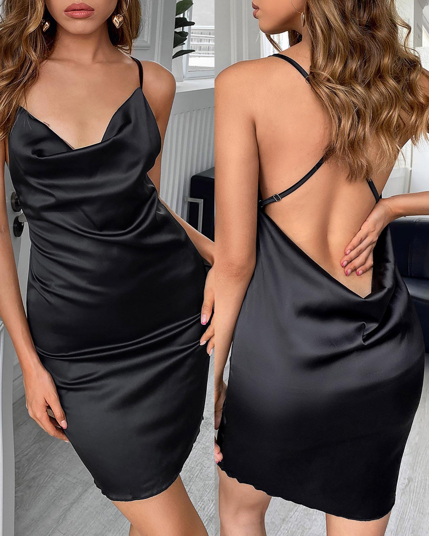 

Satin Backless Cami Mini Dress, Black
