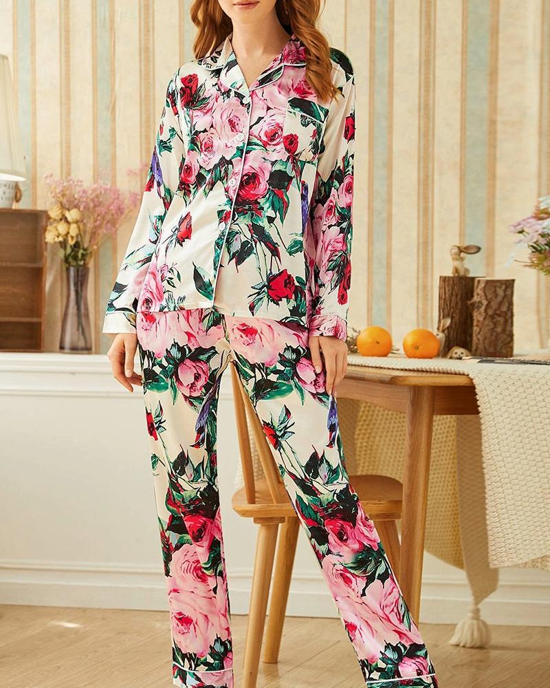 

Floral Print Long Sleeve Button Design Pajamas Sets, Apricot