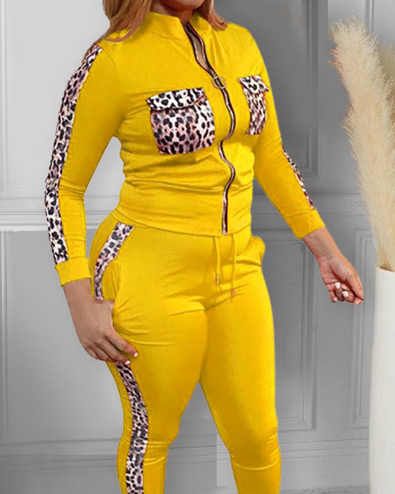 

Plus Size Cheetah Print Colorblock Top & Drawstring Pants Set, Yellow