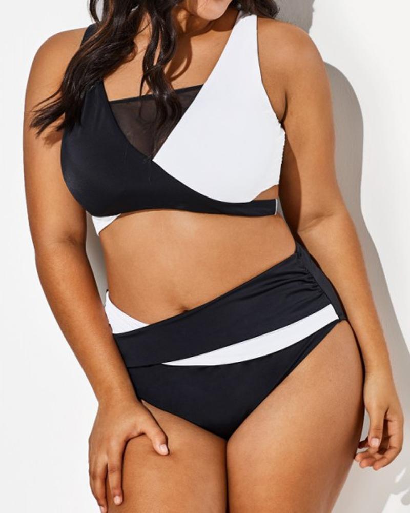 

Colorblock Crisscross Cutout High Waist Bikini Set, Blackwhite