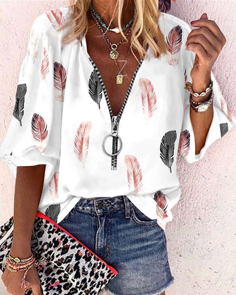 

Feather Print Zip Front Lantern Sleeve Top, White