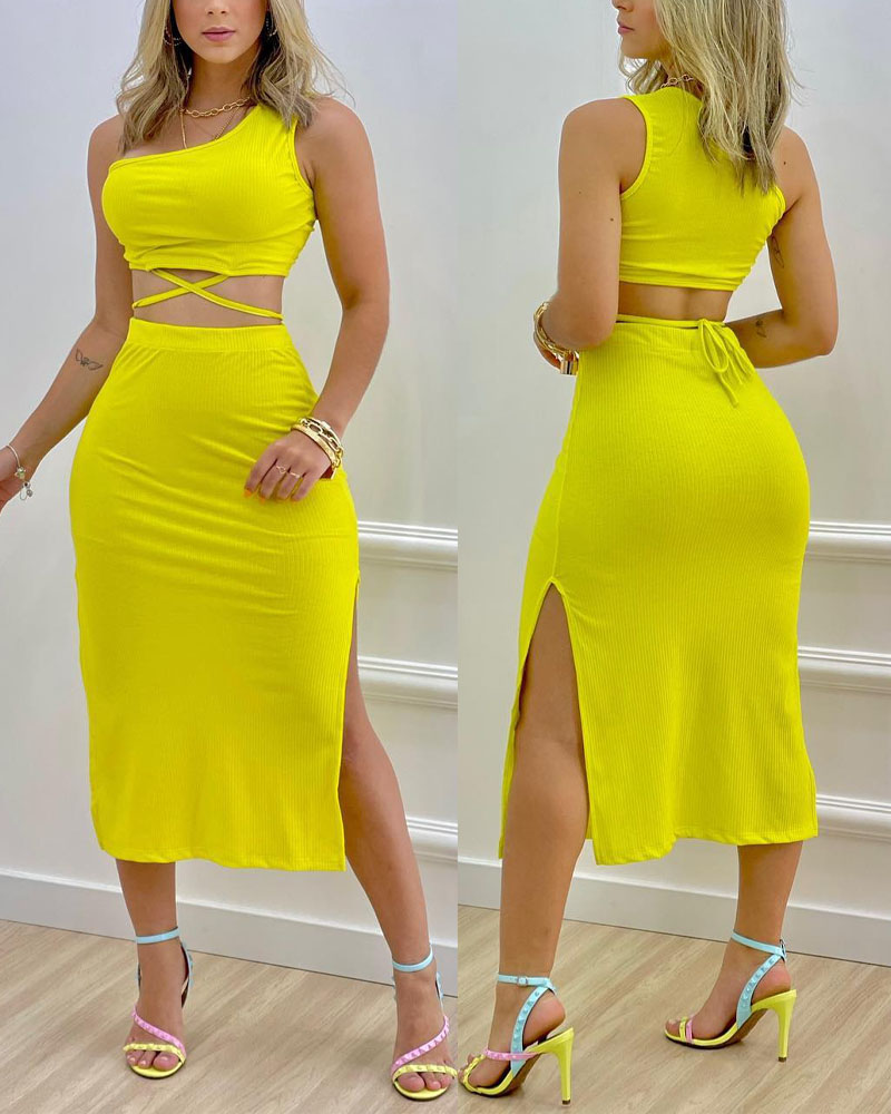 

Ribbed One Shoulder Crop Top & Split Hem Skirt Set, Yellow