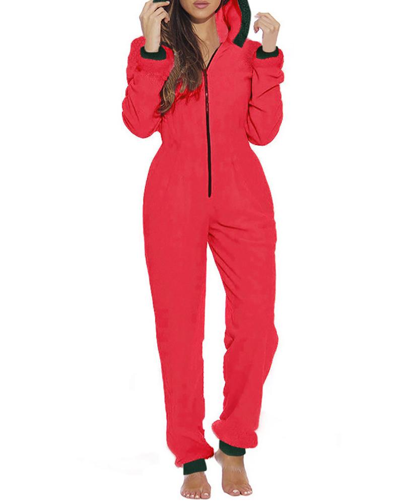 

Christmas Zip Front Pom Pom Fluffy Lounge Jumpsuit, Red