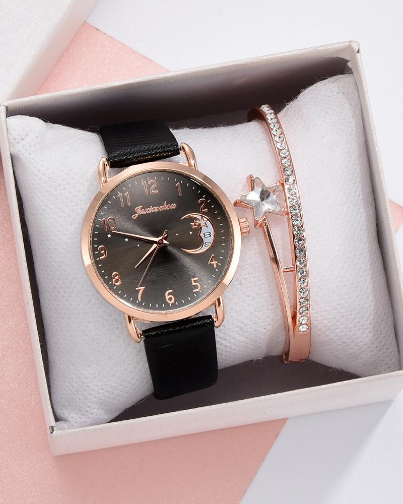 

Moon Print PU Leather Strap Quartz Watch & Rhinestone Bracelet Set, Black