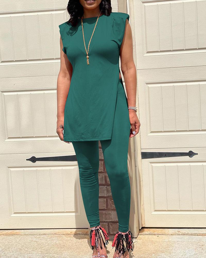 

O Neck Sleeveless Slit Top & Pants Set, Green