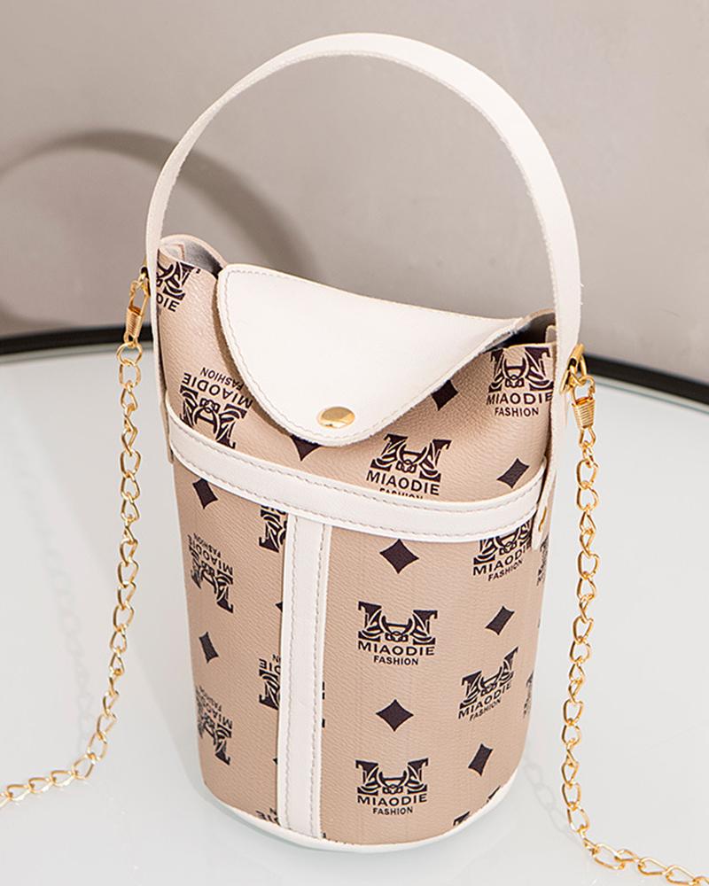 

Graphic Argyle Print Top Handle Buckled Handbag Chain Strap Crossbody Bag, White