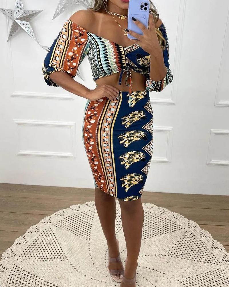 

Tribal Paisley Print Drawstring Ruched Crop Top & Skirt Set, Multicolor
