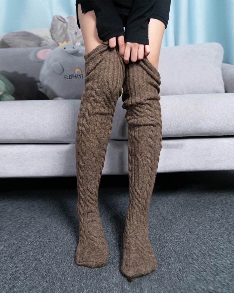 

Thigh High Cable Knit Leg Warmers Winter Warm Long Boot Socks, Coffee