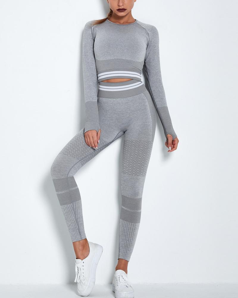 

Colorblock Seamless Knit Long Sleeve Skinny Active Sets, Gray