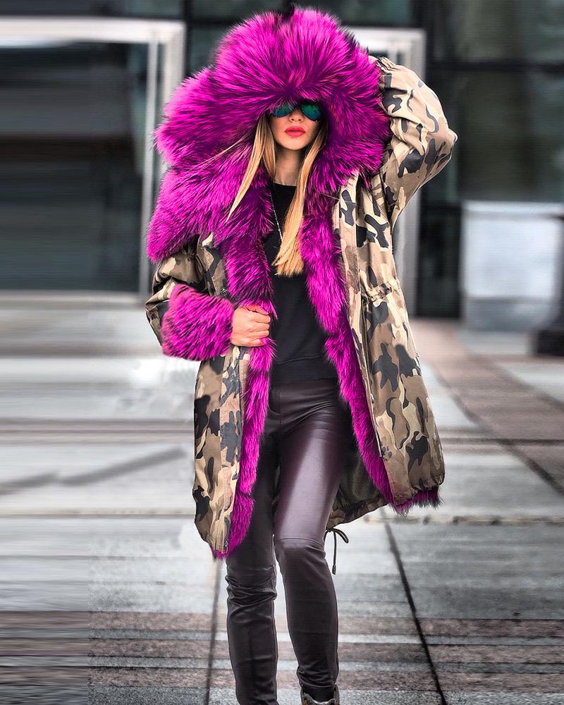 

Faux Fur Patch Drawstring Long Sleeve Hooded Parka Coat, Hot pink
