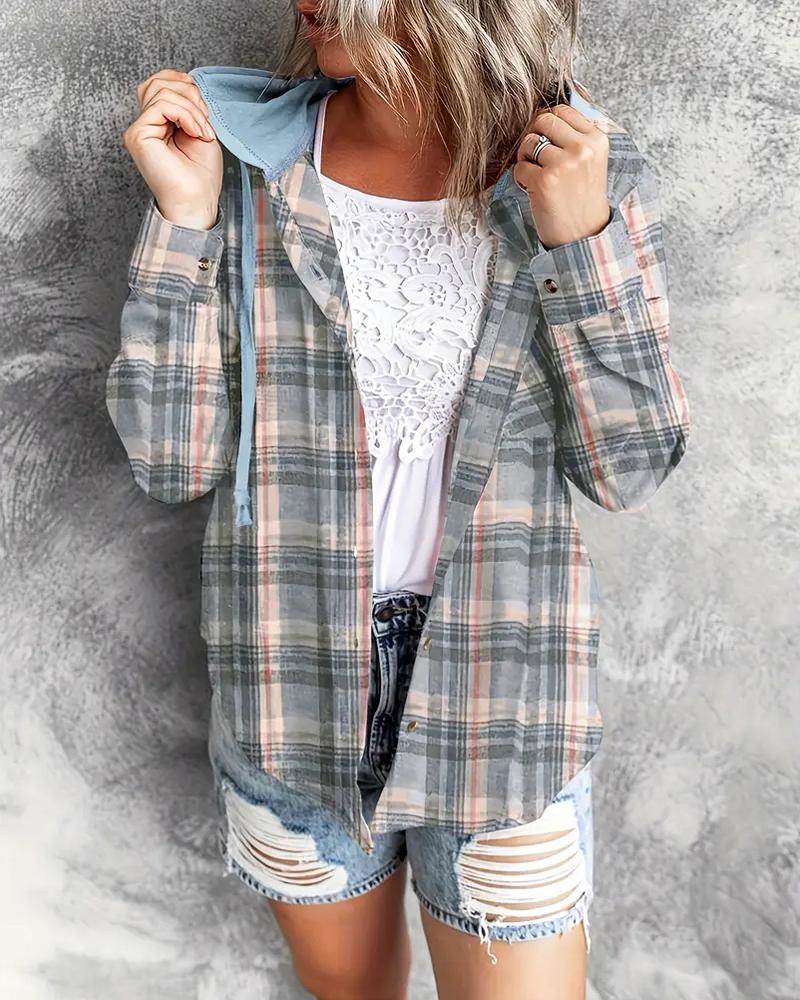 

Plaid Print Buttoned Hooded Top, Blue
