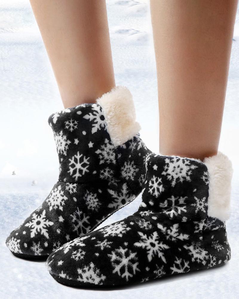 Botas de interior mullidas con estampado de copo de nieve navideño