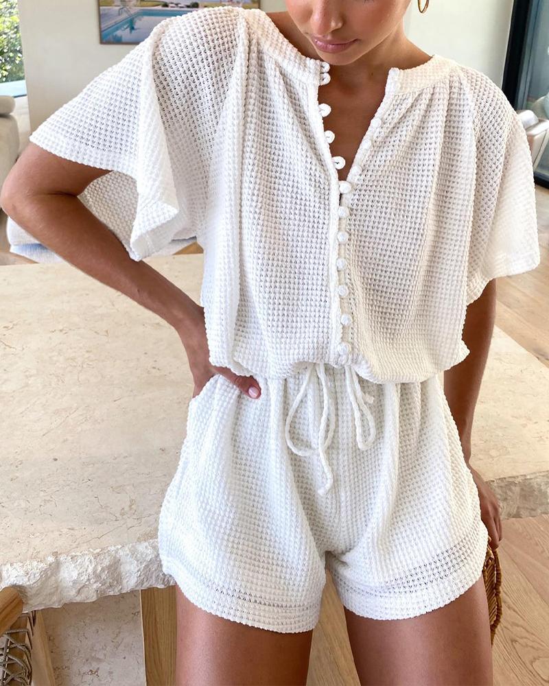 

Waffle Knit Button Front Top & Drawstring Shorts Set, White