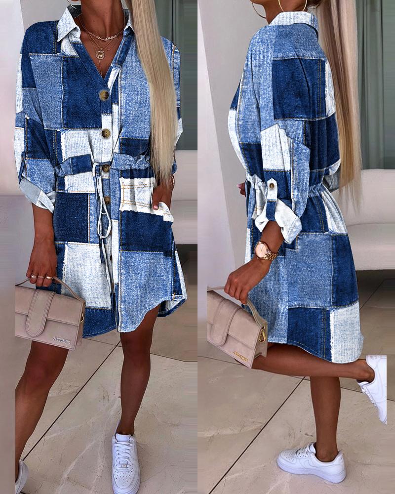 

Denim Look Print Roll Up Sleeve Shirt Dress, Blue