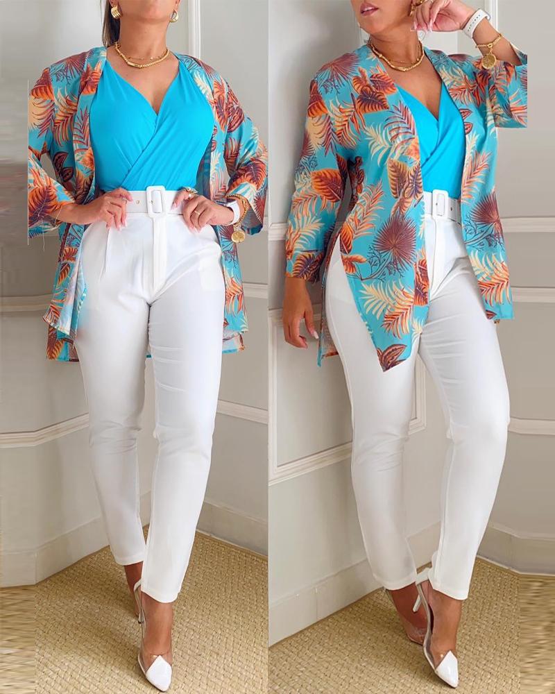 

3PCS Wrap Cami Top & Belted Pants Set With Tropical Print Blouse, Blue