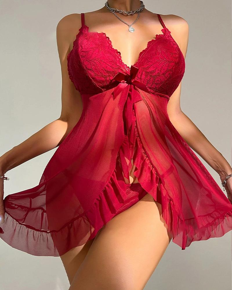

Sheer Mesh Ruffle Hem Crochet Lace Babydoll, Red