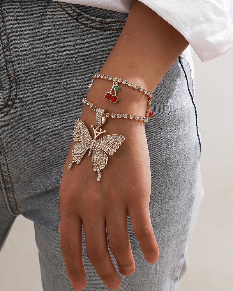 

Butterfly & Cherry Decor Studded Bracelet, Gold