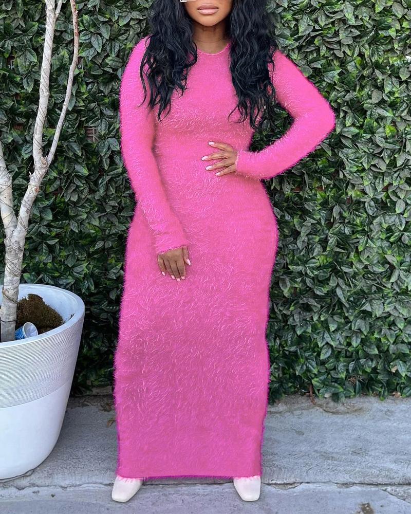 

Long Sleeve Fluffy Bodycon Dress, Hot pink