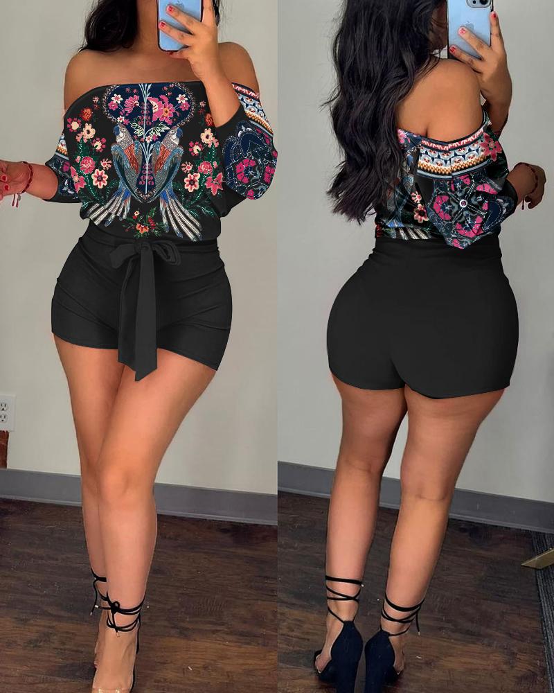 

Floral Bird Print Off Shoulder Romper, Black
