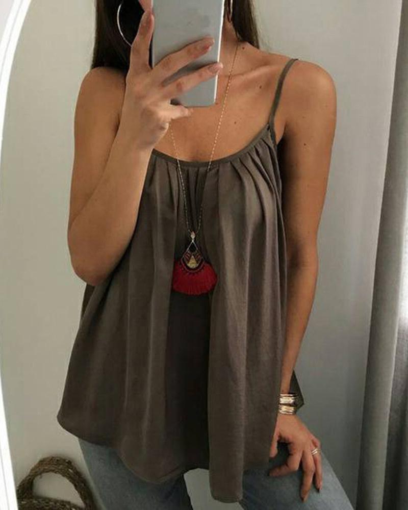 

Spaghetti Strap U-Neck Ruched Casual Top, Brown