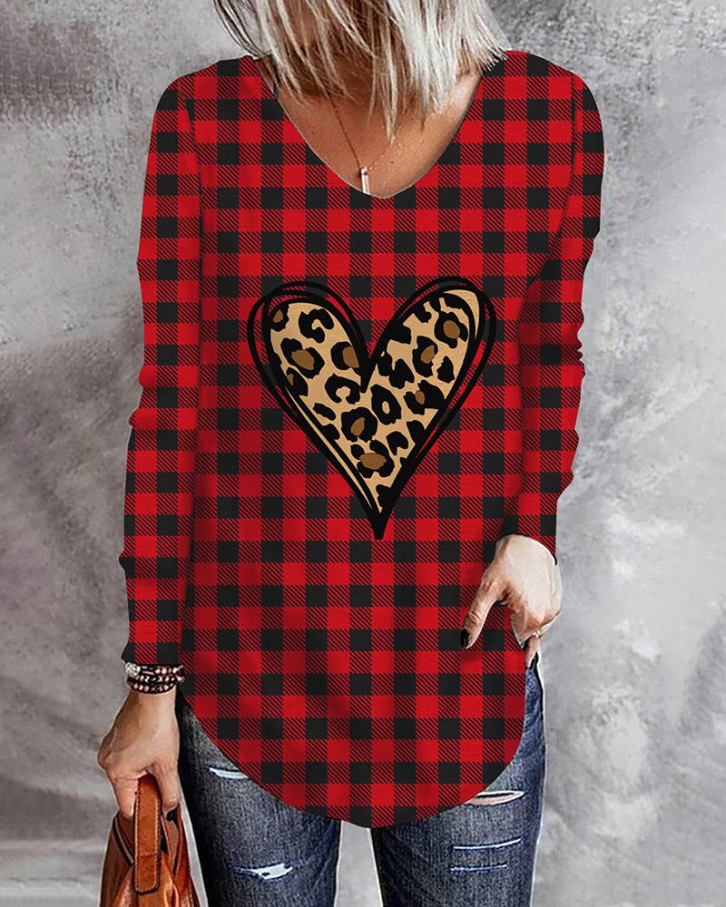 

Valentine' Day Plaid Cheetah Heart Print Top, Red