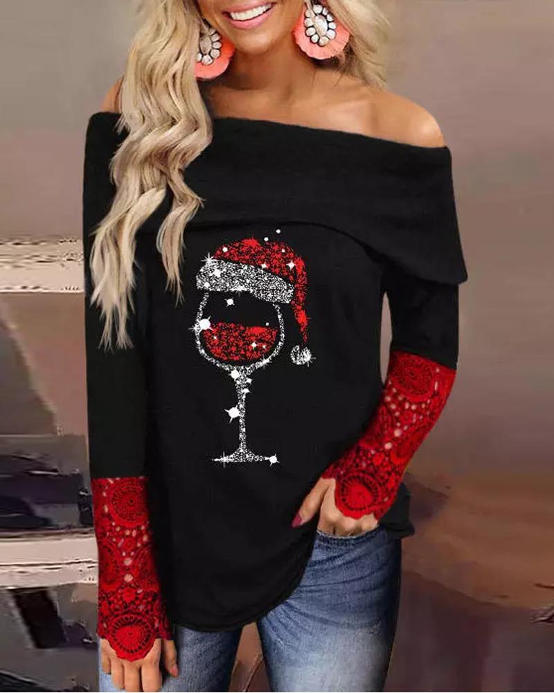 

Christmas Wine Glass Print Contrast Lace Off Shoulder Top, Black