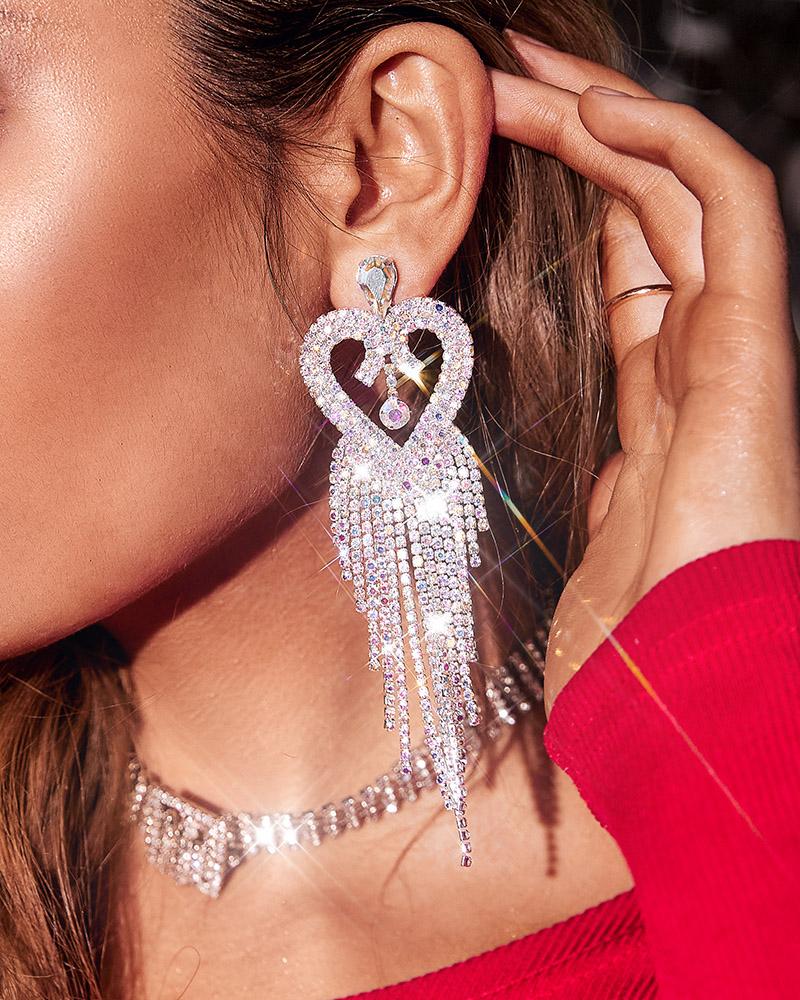 

1Pair Heart Shaped Rhinestone Tassel Design Drop Earrings, Silver