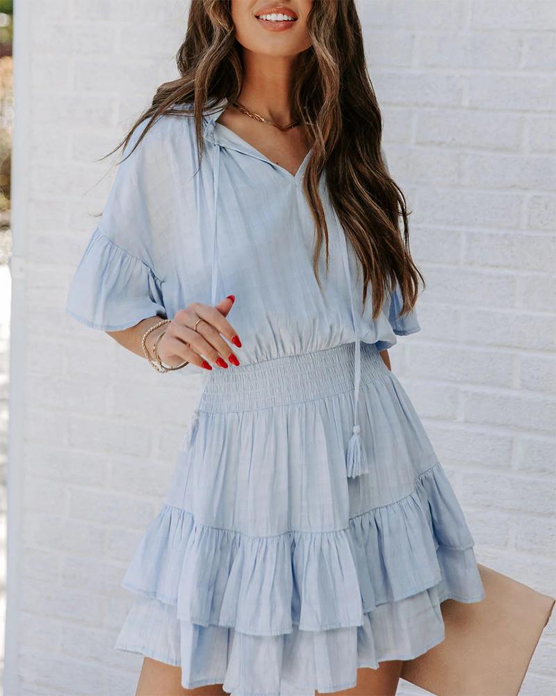 

Bell Sleeve Ruffle Hem Shirred Casual Dress, Blue