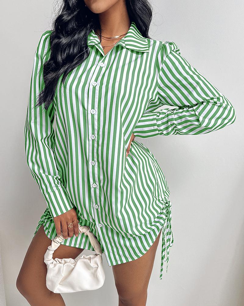 

Striped Side Drawstring Buttoned Shirt Dress, Green