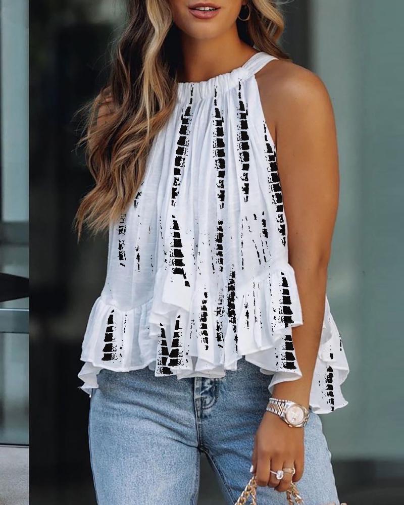 

Allover Print Ruffles Sleeveless Top, Black