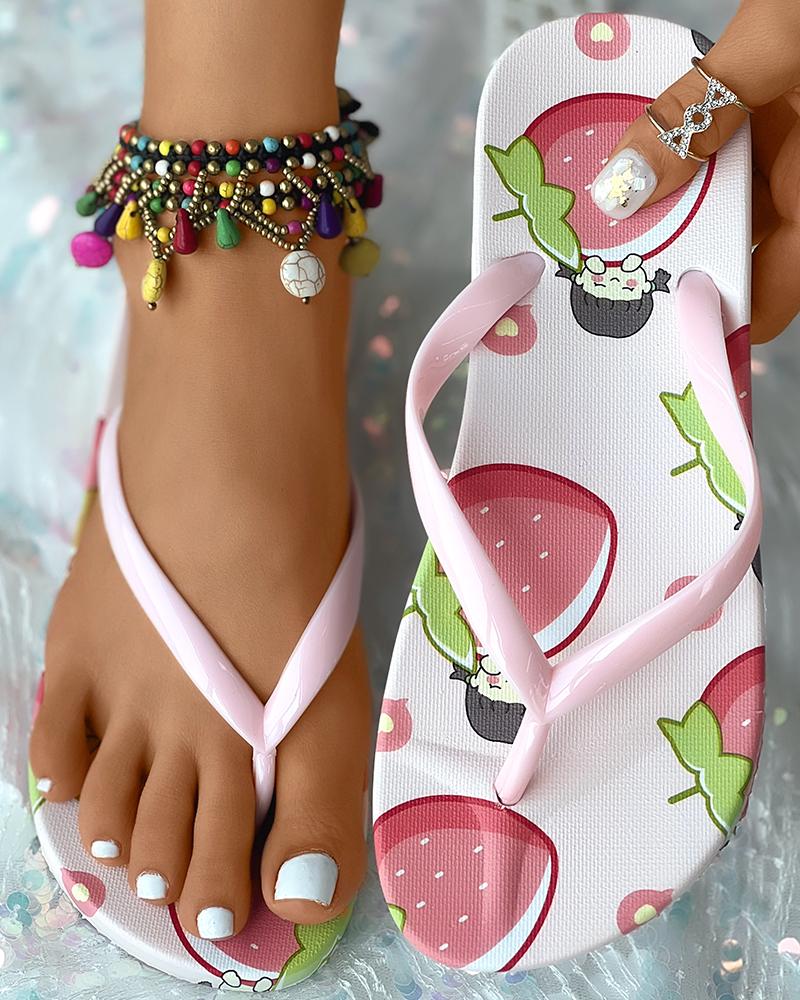 

Fruit Print Non Slip Toe Post Flip Flops, Pink