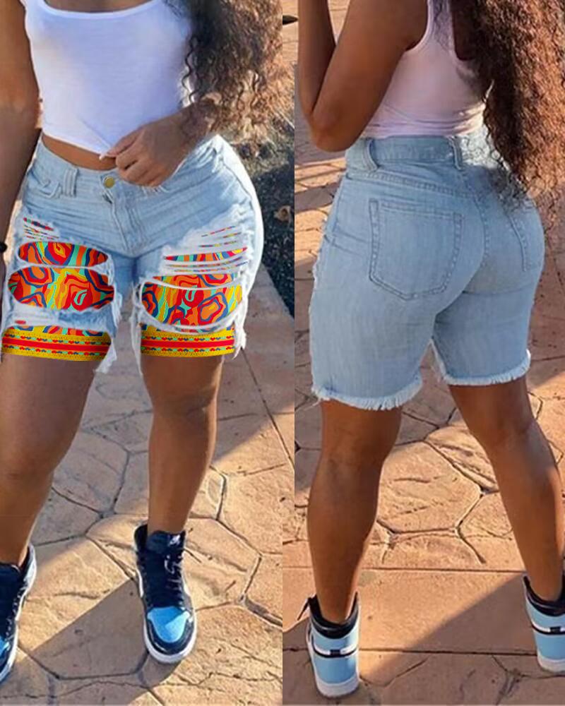 

Multi-Color Abstract Print Patchwork Ripped Denim Shorts, Blue
