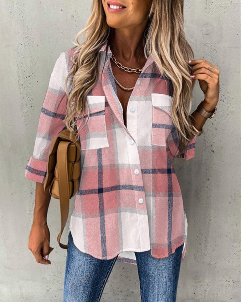 

Plaid Print Button Pocket Design Shirt, Pink