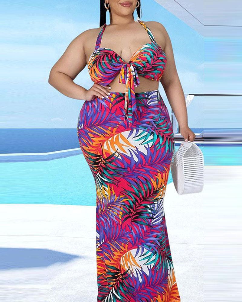 

Plus Size Tropical Print Tied Detail Crop Top & Skirt Set, Orange
